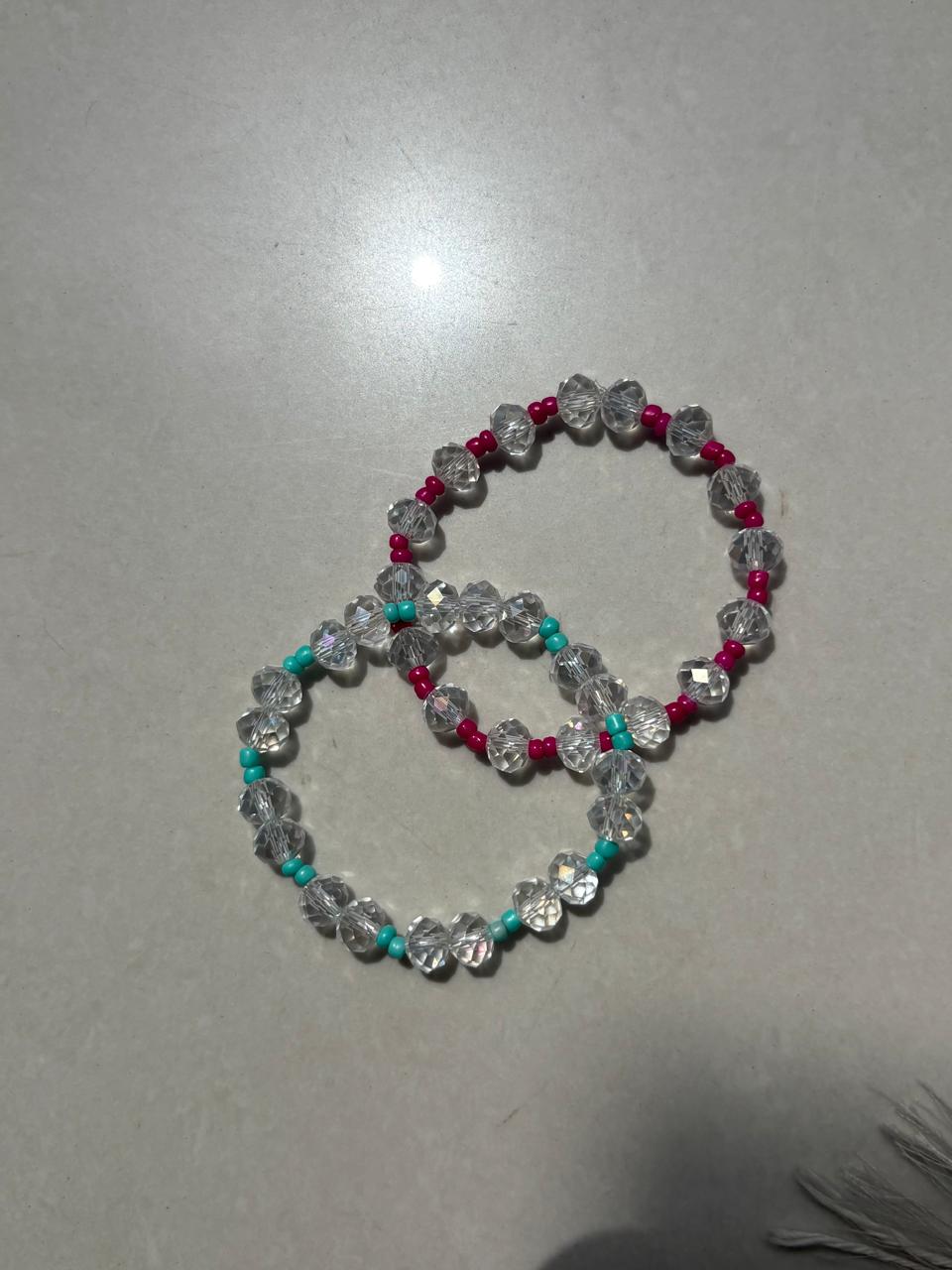 " Pack of two Blush & Breeze Charm Bracelets – Pink and Feroze Beaded Elegance"